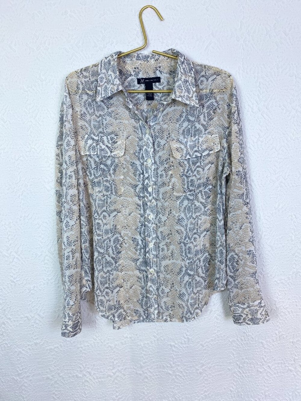 INC International Concepts Sheer Snakeskin Print Button Front Blouse Size 14